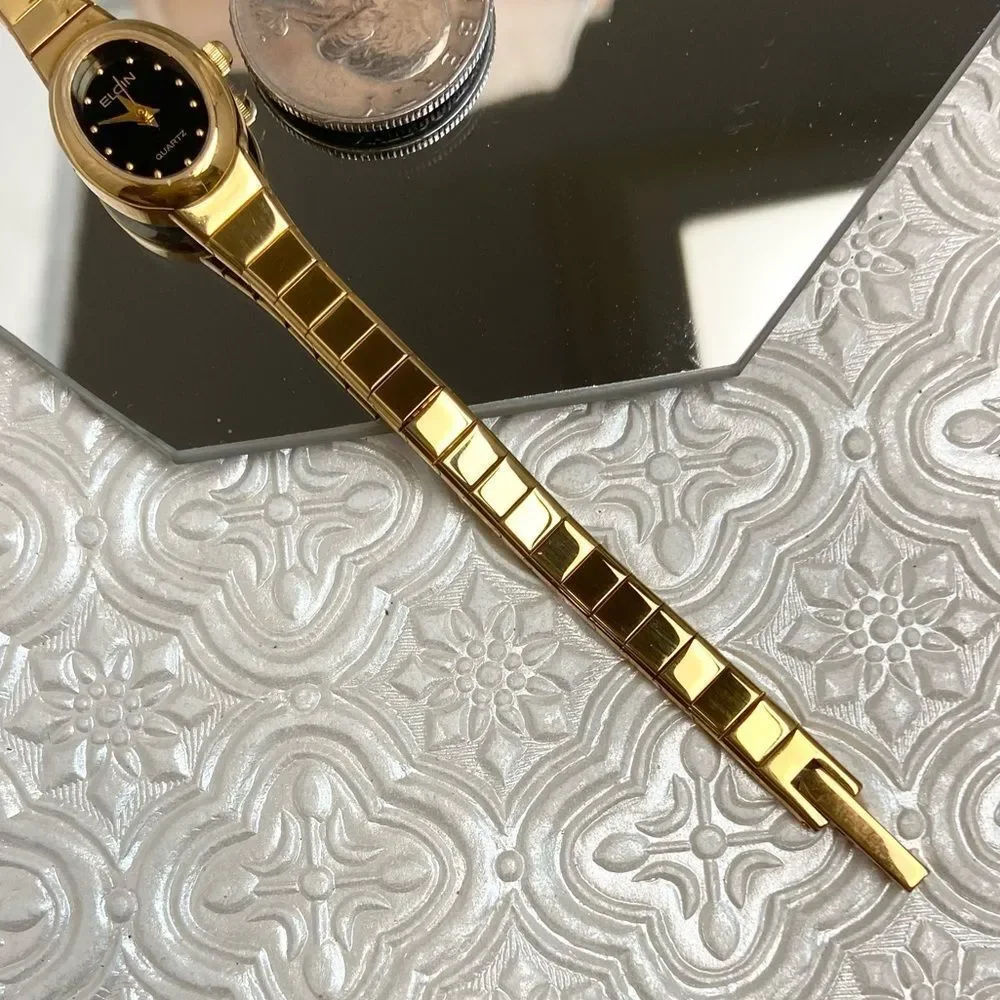 Vintage Elgin Gold-Tone Black Dial Dainty Dress Watch